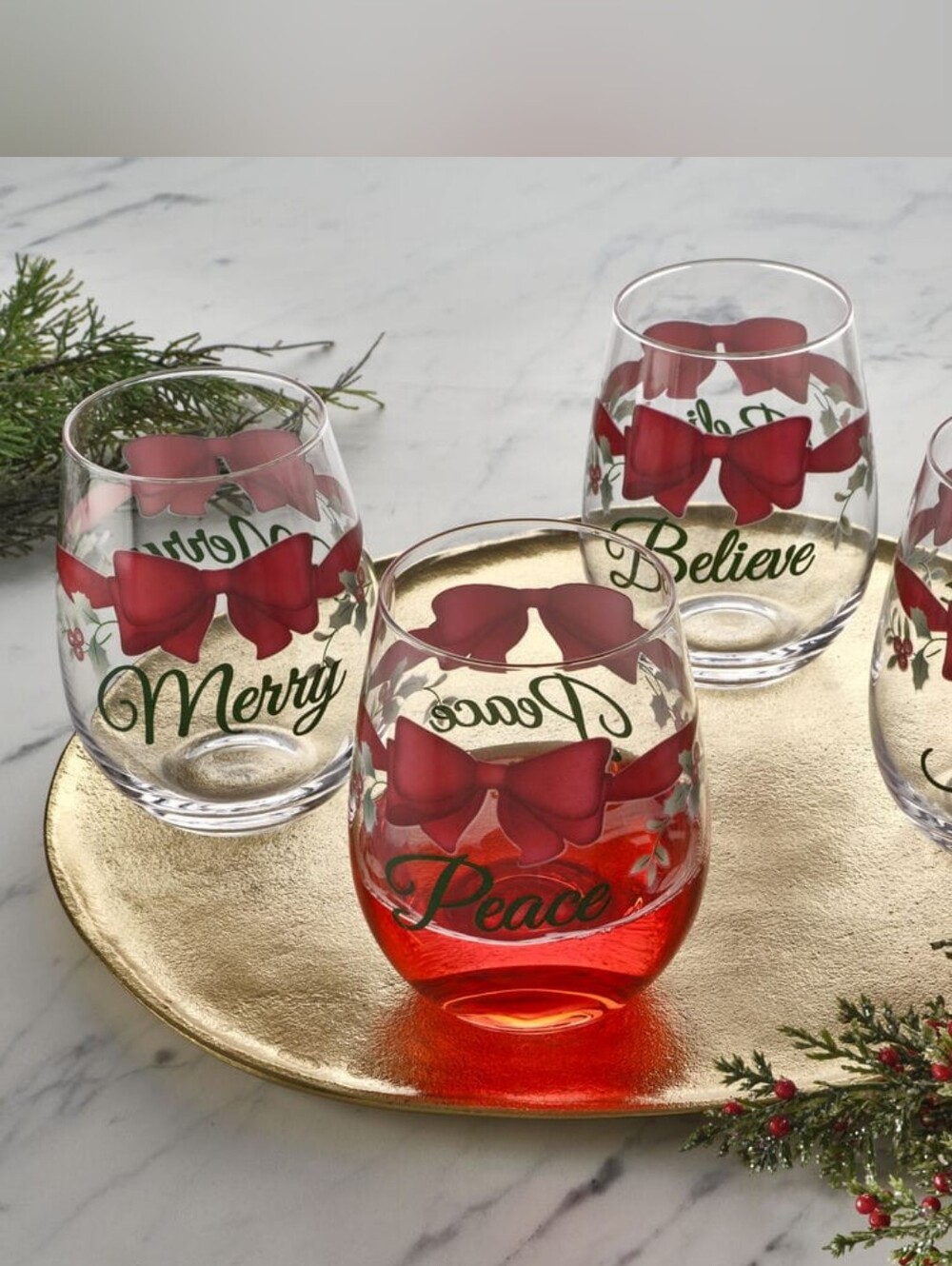 Pfaltzgraff Winterberry 19.3 Oz Stemless Wine Red Ribbon Set of 4